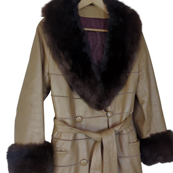 Vintage 70s Tan Leather Belted Coat Brown Faux Fur Trim | Boho Glam Statement - Picture 6 of 16